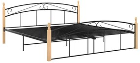 Cadru de pat, negru, 180x200 cm, metal si lemn masiv de stejar Maro deschis, 180 x 200 cm