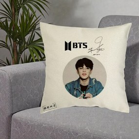 Perna Personalizata K-pop BTS Jimin Portret Cerc Autograf Geaca, 40x40 cm, Ecru, Husa Detasabila, Perna Inclusa, BEKZ®