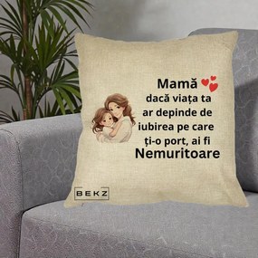 Cadou pentru Mama - Perna Personalizata Mama Nemuritoare cu Balon Inima, 40x40 cm, Crem, Husa Detasabila, Perna Inclusa, BEKZ®