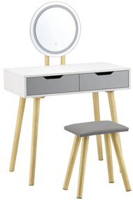RESIGILAT Set Adeline, Masă de toaletă pentru machiaj cu oglindă iluminată LED, control touch, 2 sertare, scaun, Lemn