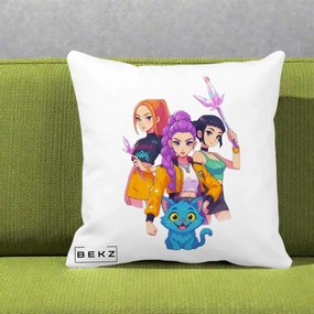 Perna Personalizata K-pop HUNTRX Trio cu Pisica si Cristale, 40x40 cm, Alba Mata, Husa Detasabila, Perna Inclusa, BEKZ®