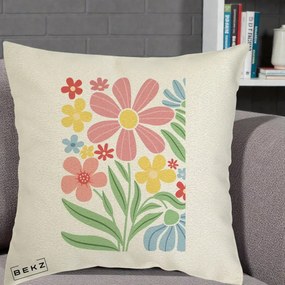 Perna Decorativa Flori Grafice Roz Pastel, 40x40 cm, Ecru, Husa Detasabila, Perna Inclusa, BEKZ®