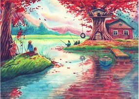 Tablou pe sticlă - Acuarelă, Golf într-un sat de munte (70x50 cm)