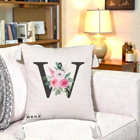 Cadou Personalizat - Perna Personalizata Monograma Florala Litera W cu Trandafiri si Anemona, 40x40 cm, Bej cu Franjuri, Husa Detasabila, Perna Inclusa, BEKZ®