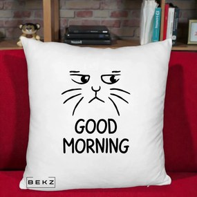 Perna Decorativa Pisica Morocanoasa Good Morning, 40x40 cm, Alb Pufos, Husa Detasabila, Perna Inclusa, BEKZ®