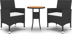 vidaXL Set bistro de grădină, 3 piese, negru, poliratan și lemn masiv