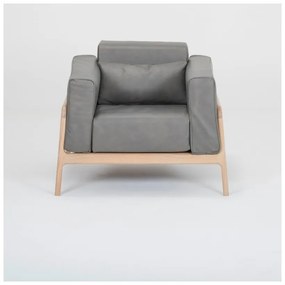Fotoliu din piele bovină cu structură din lemn masiv de stejar Gazzda Fawn, gri închis