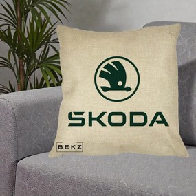 Perna Personalizata cu emblema Skoda, 40x40 cm, Crem, Husa Detasabila, Perna Inclusa, BEKZ®