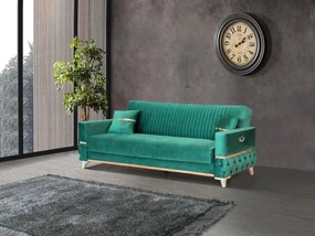 Canapea extensibila cu lada de depozitare 220x90x97 cm – stofa verde, detalii aurii –  Vegas