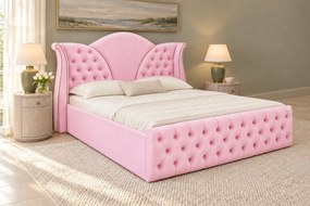 Pat tapițat Chesterfield din catifea Velora 160×200 cm, roz, cu ladă de depozitare