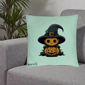 Perna Decorativa Halloween Dovleac Vrajitor Kawaii, 40x40 cm, Verde Menta, Husa Detasabila, Perna Inclusa, BEKZ®