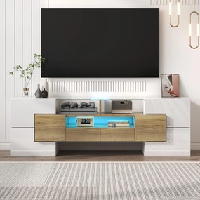 Dulap TV cu iluminare LED, suprafețe din sticlă, cu 6 uși, 2 sertare și 3 compartimente, 145x30x51 cm, Alb+Natur.