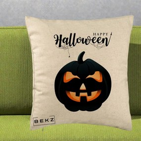 Perna Decorativa Happy Halloween Dovleac Negru cu Paianjen, 40x40 cm, Bej, Husa Detasabila, Perna Inclusa, BEKZ®