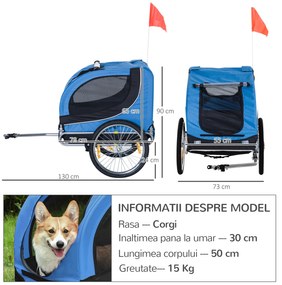 PawHut Remorcă Transportor pentru Câini, cu Plasă Anti-Insecte și Cadru Metalic, Spațioasă, 130x90x110 cm, Albastru Deschis
