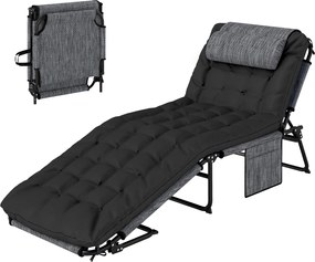 Outsunny Șezlong pliabil pentru grădină cu pernă, spătar reglabil în 4 poziții, buzunar lateral, negru | Aosom Romania