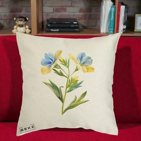 Perna Decorativa Botanica Frezie Galbena si Albastra, 40x40 cm, Ecru, Husa Detasabila, Perna Inclusa, BEKZ®
