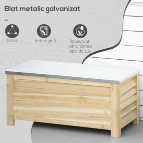 Outsunny Ladă de Depozitare Exterior din Lemn cu Capac Metalic Galvanizat și Design cu Șipci 110x50x50 cm Lemn Natural | Aosom Romania