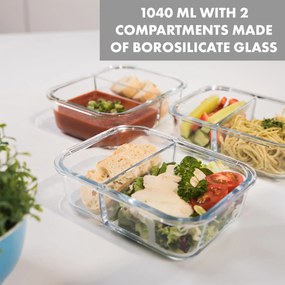 Glaswerk Jardine, caserole pentru alimente, set de 3 bucăți, 2 compartimente, 1040 ml, sticlă borosilicată, capac