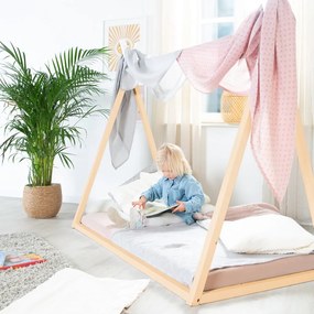 Pat pentru copii în culoare naturală de tip casă 70x140 cm Montessori – Roba
