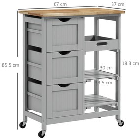 HOMCOM Carucior Auxiliar cu Roti Carucior de Bucatarie cu 3 Sertare 2 Rafturi Deschise si Tava Detasabila 67x37x85,5 cm Gri | Aosom Romania