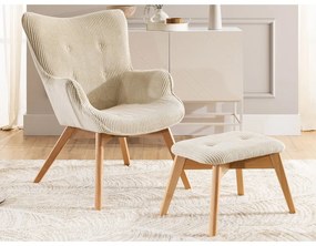 Fotoliu cu taburet bej cu tapițerie din catifea reiată Niko – Ropez