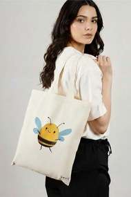 Sacosa de Panza pentru Cumparaturi, Geanta Tote, model The happy bee 38 x 34.5 cm, Alba, BEKZ®