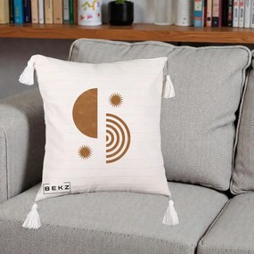 Perna Decorativa Boho Sun si Spirala, 40x40 cm, Bej cu Franjuri, Husa Detasabila, Perna Inclusa, BEKZ®