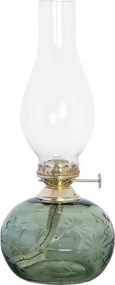 Lampă vintage cu petrol din sticlă verde smarald cu flori gravate și arzător alamă, „Kerosene Oval Flower"