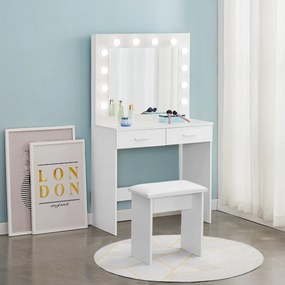 Set LUNA – Masă de Toaletă pentru Machiaj, Oglindă Iluminată, Becuri LED, 2 sertare, Taburet, Alb