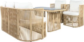 Set mobilier de grădină din PE‑rattan, 5 piese, canapea 3 locuri, 2 fotolii și masă cu blat din sticlă, Bej+Negru+Alb