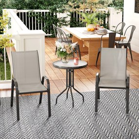 Outsunny Set de grădină 3 piese cu masă rotundă cu blat din sticlă și scaune suprapuse pentru exterior Gri deschis | Aosom Romania