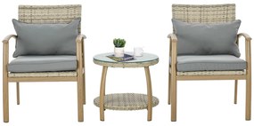 Outsunny Set Mobilier Terasă 3 Piese din Răchită, Salon Exterior cu Perne Moi și Masă de Cafea din Sticlă Securizată, Confortabil | Aosom Romania