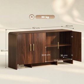 HOMCOM Bufet bucătărie, corp de depozitare cu 4 uși cu închidere amortizată, 4 compartimente și margini rotunjite, 152x40x80 cm, nuc | Aosom Romania