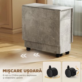 HOMCOM Masă de Luat Masa Pliabilă, Masă de Bucătărie cu Blaturi Rabatabile și Roți cu Frâne pentru 6 Persoane, Birou Compact cu 2 Sertare, 2 Uși și Dulap, pentru Living, 140x76x74î cm, Gri Ciment | Aosom Romania