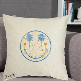 Perna Decorativa Smiley Face Tropical Albastru Glitter si Portocaliu, 40x40 cm, Ecru, Husa Detasabila, Perna Inclusa, BEKZ®