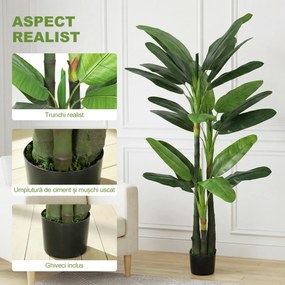 HOMCOM Arbore Artificial de Banan 180 cm cu Ghiveci, Plantă Falsă cu 18 Frunze pentru Decor Interior sau Birou, Verde | Aosom Romania