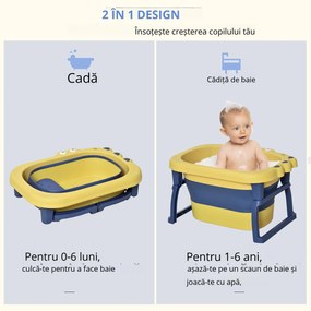 HOMCOM Cădiță de Baie Pliantă pentru Copii de 0-6 Ani, din Plastic Antiderapant, 75,3x55,4x43 cm, Galben | Aosom Romania