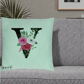 Cadou Personalizat - Perna Personalizata Monograma Florala Litera V cu Buchet, 40x40 cm, Verde Menta, Husa Detasabila, Perna Inclusa, BEKZ®