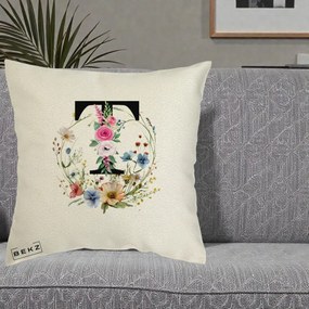 Cadou Personalizat - Perna Personalizata Monogram Litera T cu Flori Acuarela, 40x40 cm, Ecru, Husa Detasabila, Perna Inclusa, BEKZ®