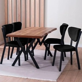 Set Masa Barton din MDF cu 6 Scaune  din metal, culaore nuc si negru, 140 cm