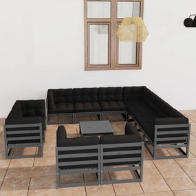3077001 vidaXL Set mobilier de grădină cu perne,12 piese,gri,lemn masiv de pin