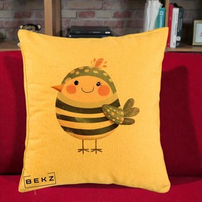 Perna Decorativa Pui Kawaii Teal cu Flori, 40x40 cm, Galben, Husa Detasabila, Perna Inclusa, BEKZ®