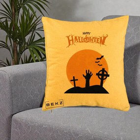 Perna Decorativa Happy Halloween Cimitir cu Luna, 40x40 cm, Galben, Husa Detasabila, Perna Inclusa, BEKZ®