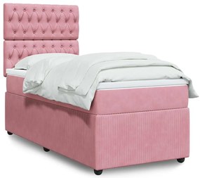 vidaXL Pat box spring cu saltea, roz, 90x190 cm, catifea