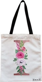Sacosa de Panza pentru Cumparaturi, Geanta Tote, Cu litera I Rose Gold si Trandafiri, Cu fermoar, 38x34.5 cm, Alba, BEKZ®
