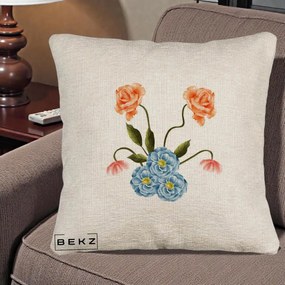 Perna Decorativa Trandafiri si Bujori Acuarela, 40x40 cm, Bej Canapea, Husa Detasabila, Perna Inclusa, BEKZ®