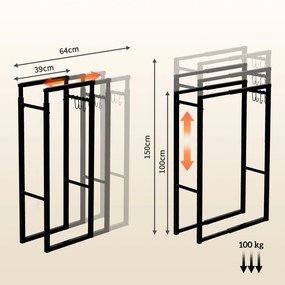 Outsunny Suport pentru Lemne din Metal, Suport Reglabil cu Cârlige în Formă de S, 40-65x25x100-150 cm, Negru | Aosom Romania