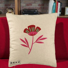 Perna Decorativa Floare Macul Roz-Rosu Grafic, 40x40 cm, Bej, Husa Detasabila, Perna Inclusa, BEKZ®