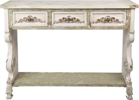 Consolă hol shabby chic din lemn, alb, cu 3 sertare, raft verde și ornamente sculptate, finisaj antichizat, 99 x 129 x 36 cm, „Lisette”