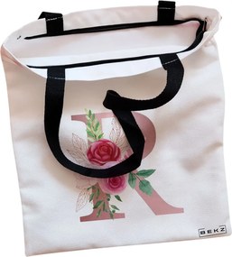 Sacosa de Panza pentru Cumparaturi, Geanta Tote, Cu litera R Rose Gold si Trandafiri, Cu fermoar, 38x34.5 cm, Alba, BEKZ®